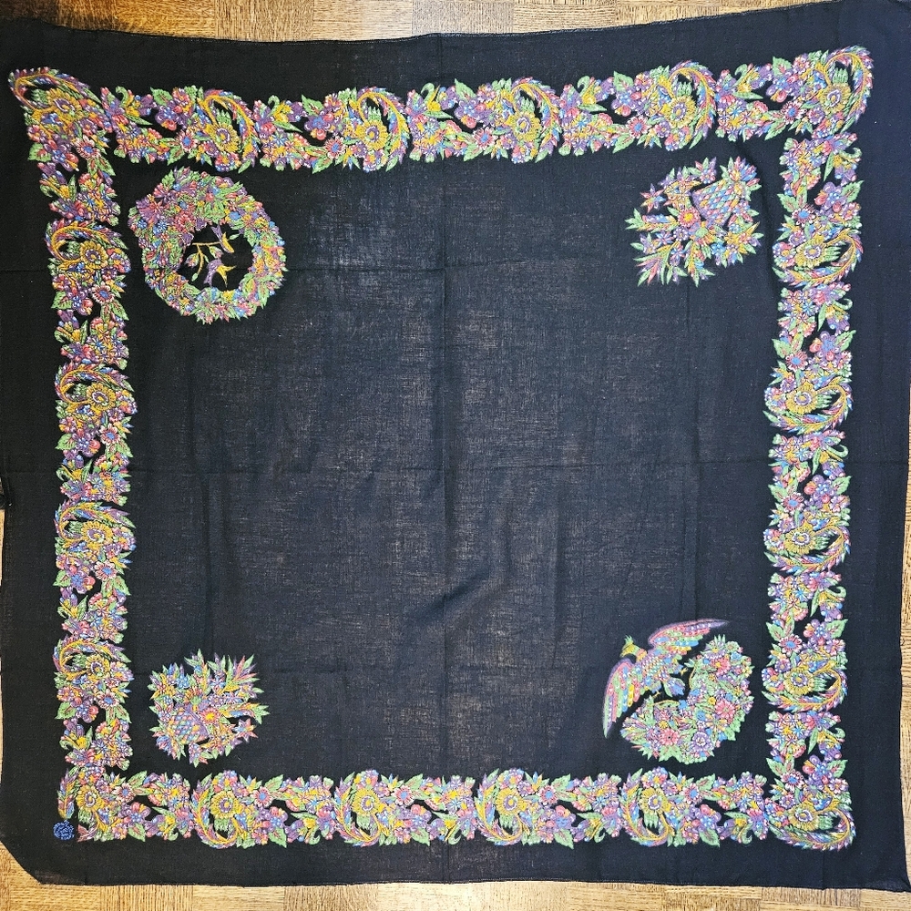 Vintage 70s Black Cotton Square Scarf/Shawl With Vibrant Printed Border Design - Picture 7 of 10